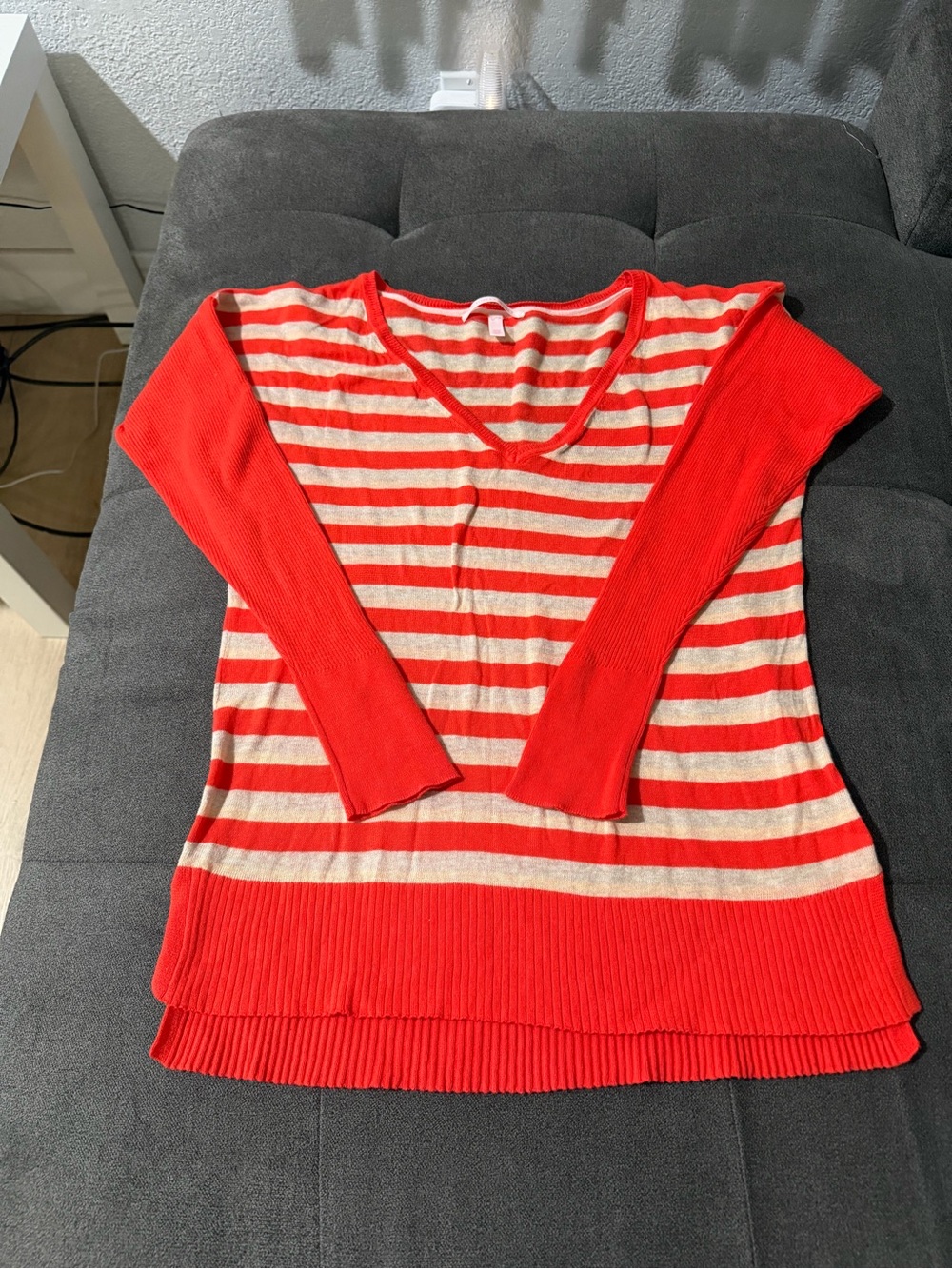 Victoria's Secret Red and Cream Striped V‑Neck Sweater Top